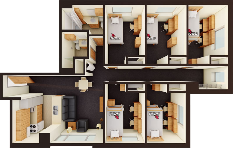 Living Center 5 bedroom 3d floor plan in color